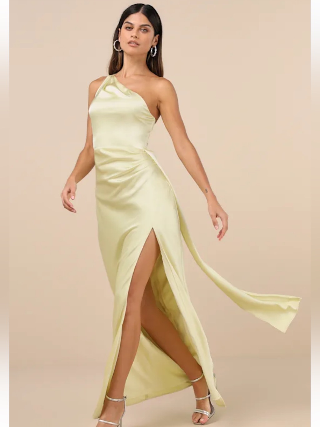 Nwt Lulus Signature Elegance Pale Yellow Satin One-Shoulder Maxi Dress